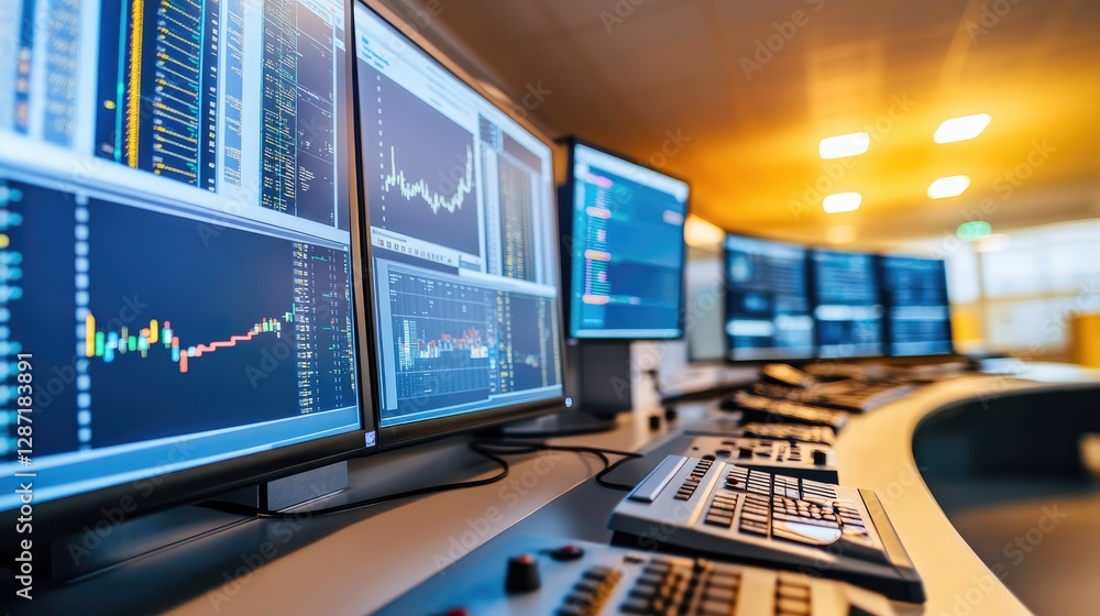 Poster modern gas processing control room with high-tech monitoring systems and digital screens