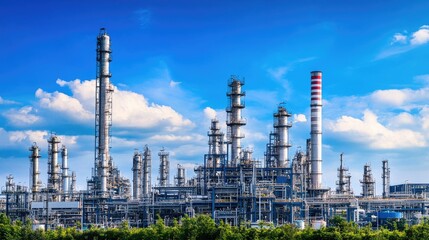 Obraz premium Modern petrochemical refinery under a blue sky with a vast pipeline network