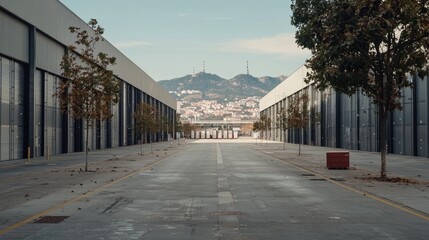 Naklejka premium An empty concrete road runs between modern industrial buildings leading towards distant mountains under a clear sky.