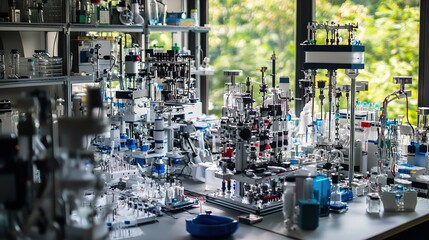 Wide angle view of dynamic research lab with modern scientific apparatus and innovative technology