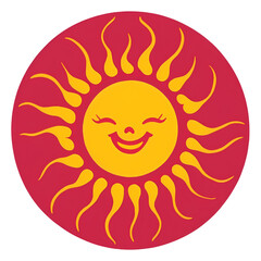 A smiling sun with wavy rays in bright yellow and orange hues stands out against a transparent background. The sun's face is cheerful, creating a whimsical and warm atmosphere.