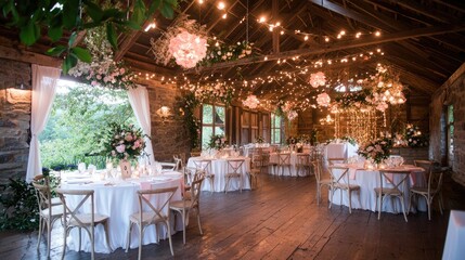 Rustic barn wedding reception, elegant decor, warm lighting, window views