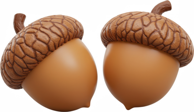 Two Realistic 3D Rendered Acorns Autumn Nature Symbols Close up View