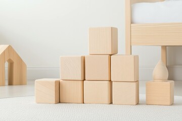 Obraz premium Minimalist wooden toy blocks in a bright nursery setting, showcasing playful design and neutral colors perfect for early childhood development