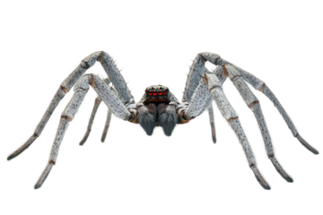 Close up of a large spider with long legs and red eyes against a transparent background. Detailed texture of the animal's body and legs