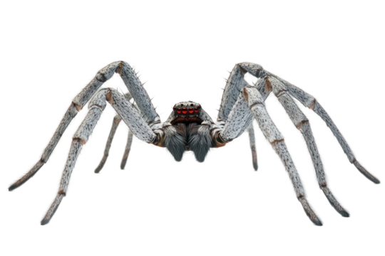 Close up of a large spider with long legs and red eyes against a transparent background. Detailed texture of the animal's body and legs
