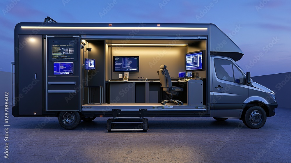 Poster forensic science investigation apparatus in mobile unit urban environment digital workspace high-tec