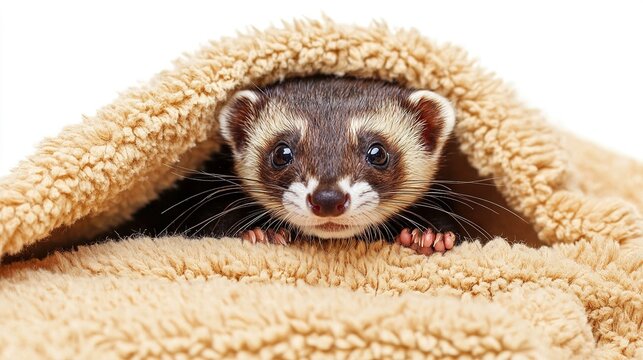 Mischievous ferret playfully peeking from cozy blanket indoor setting animal photography close-up view