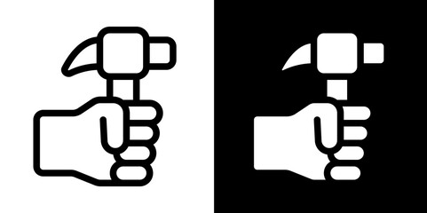 hand holding hammer line and glyph icon, outline and glyph vector sign, linear and glyph style pictogram isolated on white and black. labour symbol, logo, icon, illustration