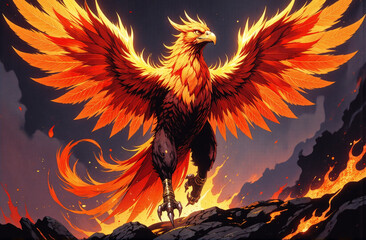 Heroic Fantasy Portrait of Fiery Phoenix Rising from Ashes Majestic Wings Igniting the Sky Vibrant Colors Mystical Creatures Epic Adventure Mythical Artwork Fantasy Illustration Digital Art Fantasy Ch