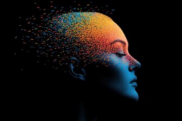 Abstract representation of creativity and innovation featuring a serene model, with colorful particles dispersing from her head against a dark backdrop