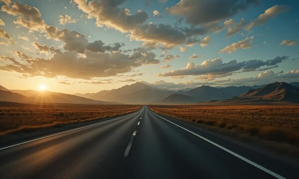 Scenic open road at sunset with dramatic sky, endless highway through desert landscape, peaceful travel destination with mountains and clouds. 