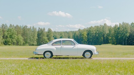 Fototapeta premium Classic white coupe, countryside road, sunny day, green field background. Perfect for travel brochures