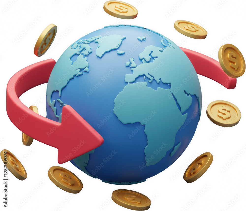 Poster global finance 3d render of earth with rotating currency arrow