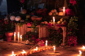 detail on Mexican altars, offerings and candles