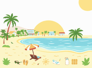 Sunny beach landscape with 15 summer vacation icons. Seaside resort, palm trees, beach umbrella, flip flops, and more.
