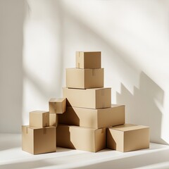 Obraz premium Stacked cardboard boxes in sunlit room, relocation concept