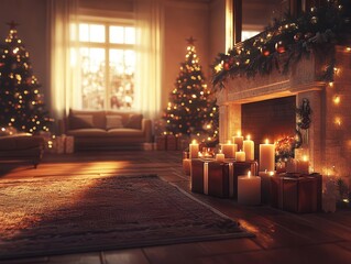 Setting up holiday decorations with glowing AR design tips, cozy holiday home, soft warm lighting, photorealistic