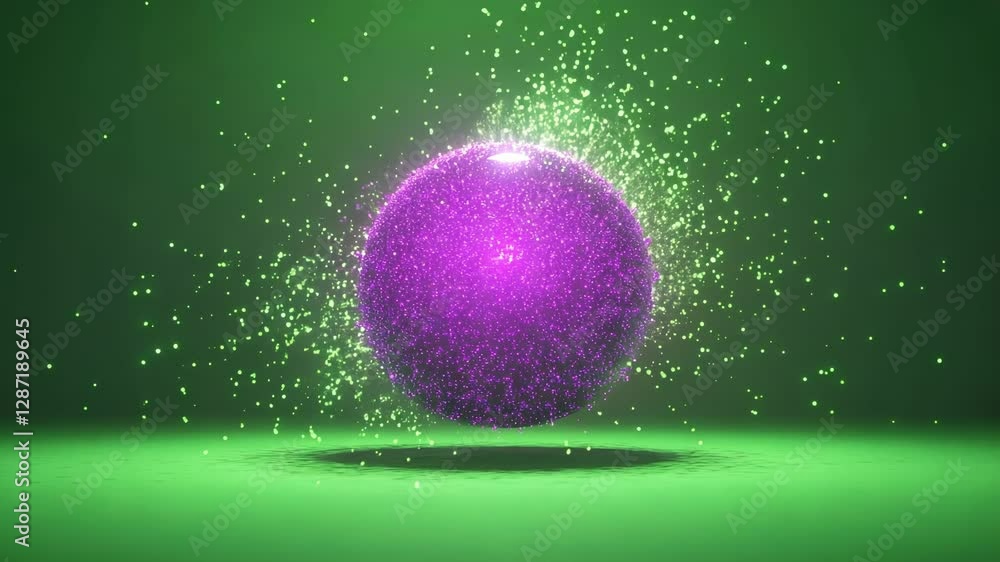 Poster luminescent purple sphere generating dynamic glowing particles against vivid green screen background