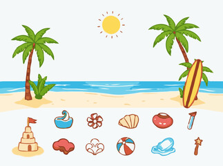 Obraz premium Tropical beach scene with a collection of 15 beach day icons. Sandcastle, beach ball, surfboard, seashells, and more.