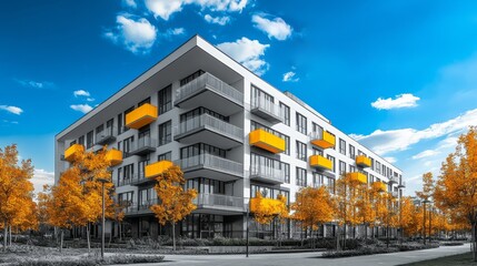 Modern apartment building with yellow balcony accents and autumn trees