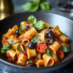 Mediterranean-inspired olive and vegetable pasta with a rich tomato sauce.
