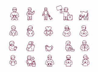 Fototapeta premium Collection of 15 volunteer outline icons. Volunteering symbols for nonprofit, support, and giving back