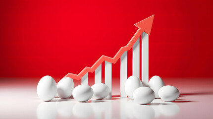 White eggs next to an ascending bar chart with a red arrow on a red background, representing price increase