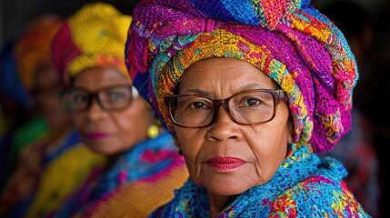 Elderly women in colorful headwear.  Possible use for stock