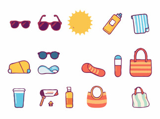 15 beach essentials icons for a perfect day at the beach. Sunglasses, sunscreen, towel, beach bag, and more summer items.
