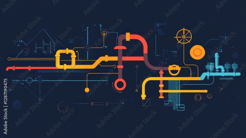 Poster gas pipeline flow infographic depicting network connections and operational efficiency in energy tra