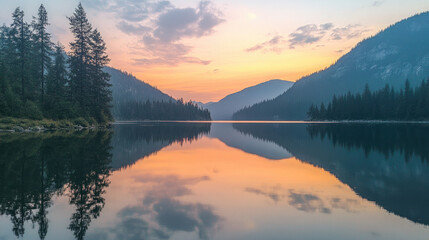 Fototapeta premium Serene Lake Landscape at Sunrise/Sunset with Mountain Reflections