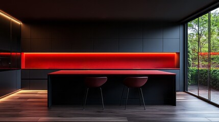Sleek dark kitchen featuring a red countertop and accents
