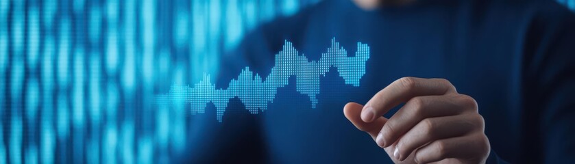 Financial analyst presenting a growth curve hologram with economic data overlays, business investing, digital marketing insights