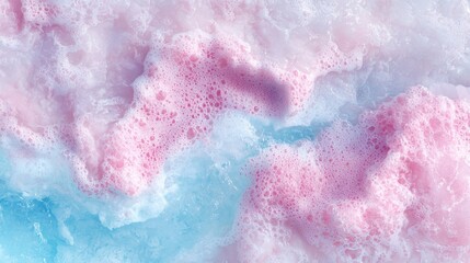 Fototapeta premium Pastel pink and blue foam texture with bubbles creates a soft abstract background.