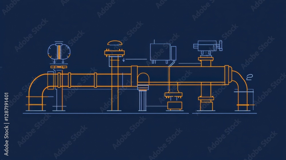 Poster detailed minimalist infographic showing gas pipelines and flow design in industrial settings. genera