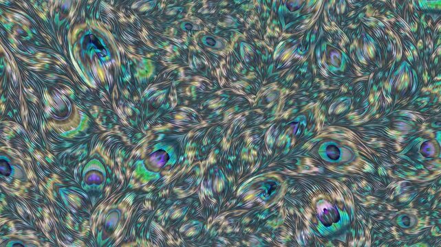 Abstract video concept featuring a swirling pattern of peacock feathers. Top-down camera angle enhances the intricate, vibrant design.