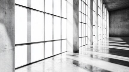 Obraz premium Sunlit modern concrete building interior, spacious hallway, sunlight streams through large windows, architectural design