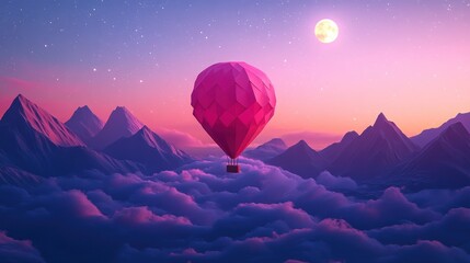 Fototapeta premium Pink hot air balloon above clouds, mountains, night sky