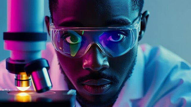 A medium closeup of a researcher peering through a microscope with a colorful slide illuminated beneath it. The researcher wears protective goggles and a lab coat their expression focused