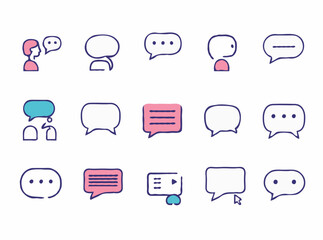 Engaging conversation icon pack. Communication and speech bubble set with 15 icons.