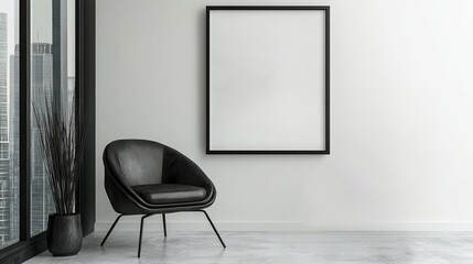Interior showcases black chair plant picture frame and urban view