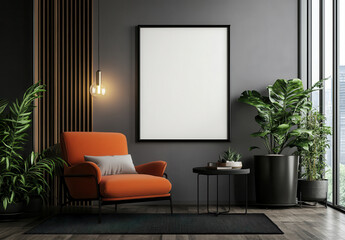 Modern Minimalist Living Room with Orange Armchair and Empty Frame Mockup