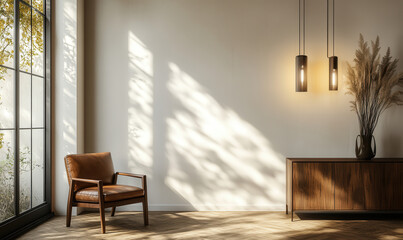 Modern Minimalist Living Room with Leather Armchair and Wooden Cabinet