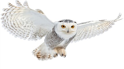 Majestic snowy owl in midflight isolated on white wildlife photography studio setting close-up nature's beauty
