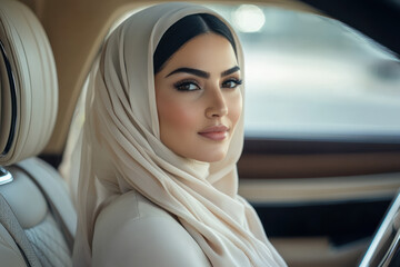 An Arab businesswoman in luxury car, symbol of success and ambition, exuding confidence and elegance