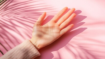 Palm shadow hand pink background skincare ad