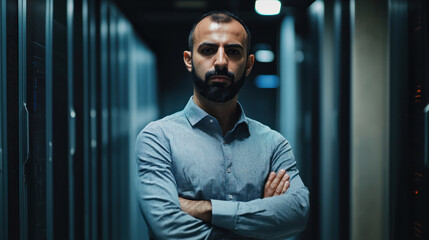 An Arab cybersecurity expert in server room, focused expression, protecting data networks