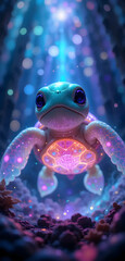 Enchanted Bioluminescent Baby Sea Turtle Amidst a Mystical Underwater Grotto with Glowing Bokeh Lights