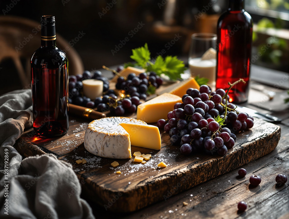 Poster a rustic wooden table adorned with a variety of cheeses and grapes, accompanied by two bottles of wi
